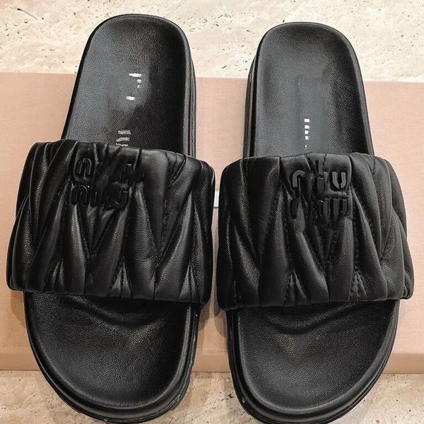 

natural sheepskin pointed toe women genuine leather sandals flat heel slides ladies casual slippers summer fold lazy shoes, Black
