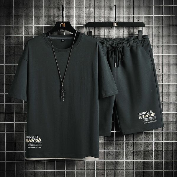 

men's tracksuits mens summer breathable short sleeve tshirt and short two piece set casual sports suit fashion men set loose sportswear, Gray