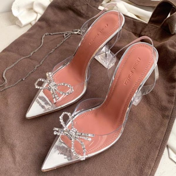

amina muaddi womens sandals leather sole designer high heels 10cm crystal bow diamond chain decoration banquet women lightblue silk wedding, Black