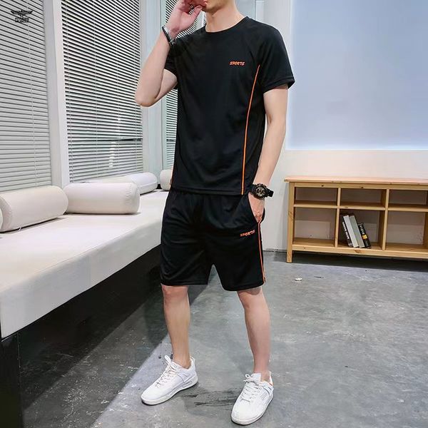 

men's tracksuits summer sports suit fitness shortsleeved tshirt running casual quickdrying breathable sportswear shorts twopiece set 23, Gray