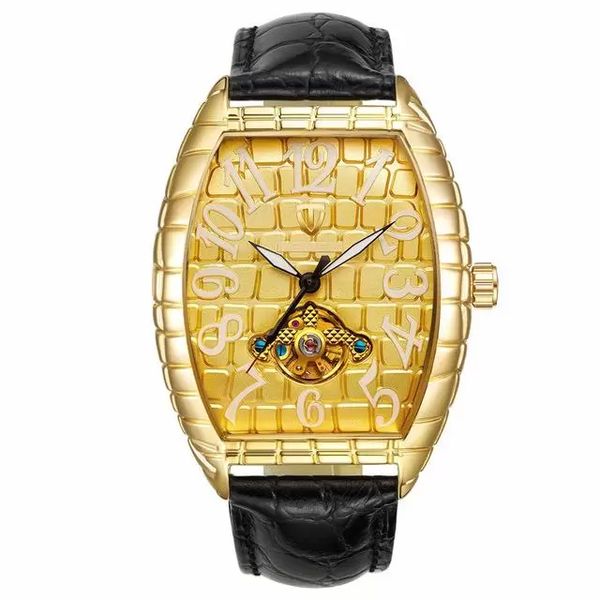 

2023 tevise men square dial design automatic watch leather strap mechanical watch tourbillon sport military clock, Slivery;brown