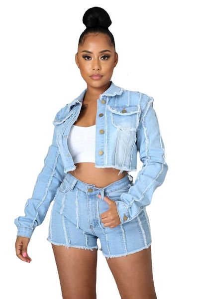 

women's tracksuits casual women jeans two piece set jacket coat short pants sportsuit matching set clothes for women outfit 230413, Gray