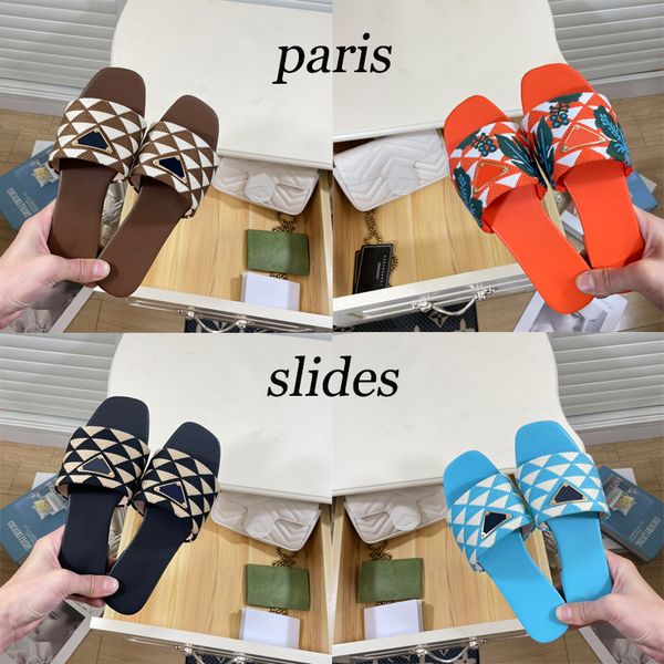 

designer slides women embroidered fabric slippers metallic slide sandals luxury p sandal triangle chunky heels fashion summer beach low heel, Black