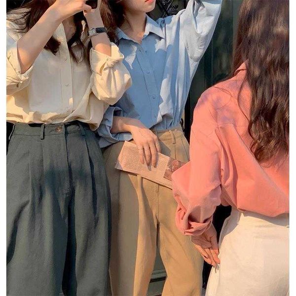 

chic simple shirt niche lapel solid color loose fitting versatile single, White