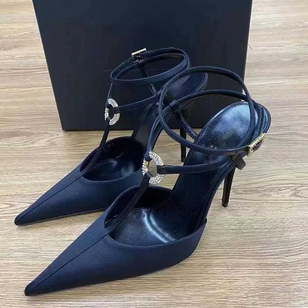 

high heels 2023 spring/summer new spicy girl french rhinestone design pointed slim heel sandals, Black