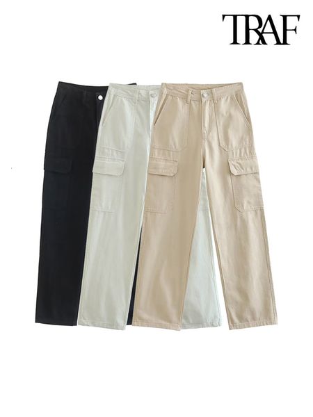 

women's pants capris traf women fashion with side patch pockets straight cargo pants vintage high waist zipper fly female trousers muje, Black;white