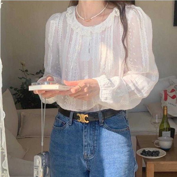 

spring korean style shirts lace stitching embroidered chiffon ruffled slightly, White