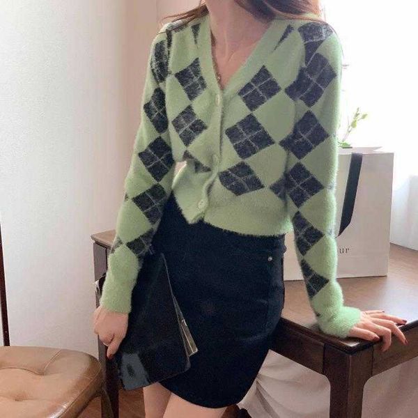 

american style sweaters contrast color diamond lattice knitted cardigan womens, White;black