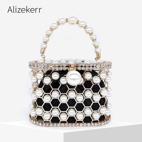 

evening bag beaded pearl clutch handbag women rhinestone metal honeycomb purse