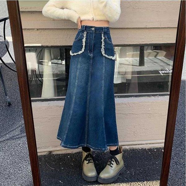 

womens fishtail denim skirt with pocket frayed edge design vintage washed blue, Black