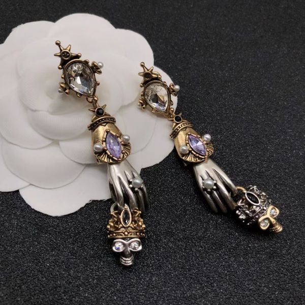 

pearl diamond earrings personality retro style palm skull diamond-encrusted pendant luxury designer earrings, Golden