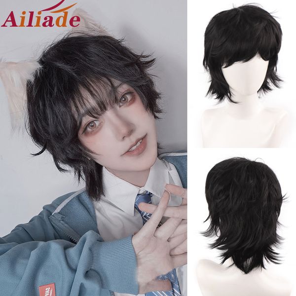 

cosplay wigs ailiade black men's wig short straight bangs 12" synthetic wigs for male boy cosplay anime daily party wig heat resis