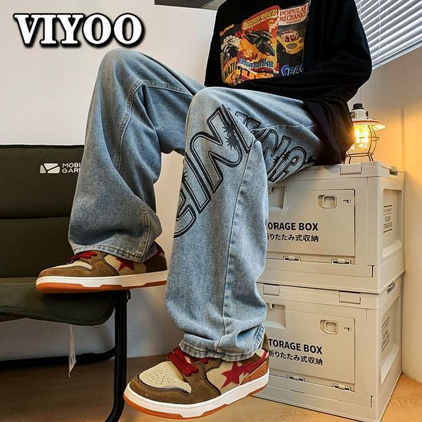 

mens pants mens brown y2k clothes printed jeans men baggy destroyed jeans denim straight trousers wide leg pants streetwear y2k for men 2304, Black
