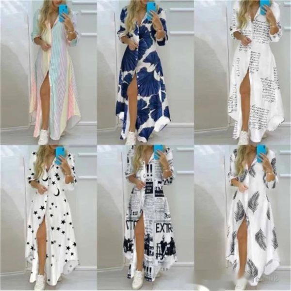 

fashion classic printed fall women maxi dresses blouses button down shirt dress lapel neck party dress long sleeve cape, Black;gray