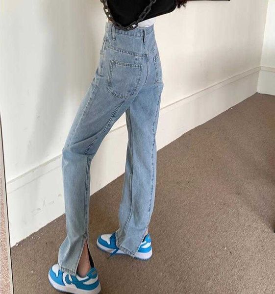 

high waist straight light colored jeans female spring niche washed back slit, Blue