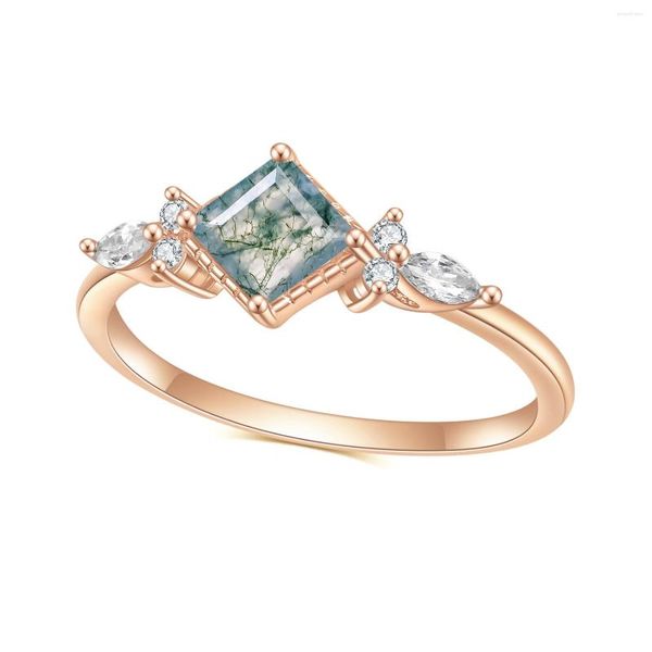 

cluster rings gem's ballet unique 0.63ct 5x5mm square shape natural moss agate engagement ring in 925 sterling silver women's, Golden;silver