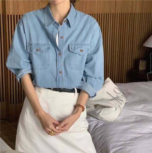

korean washed shirt out polo collar double pocket denim long sleeved womens, White