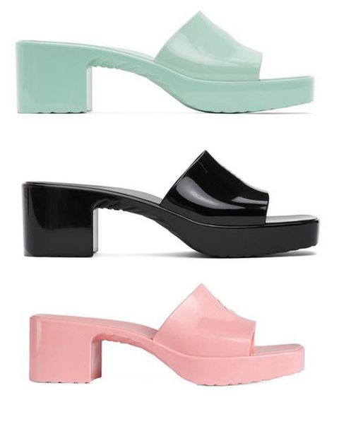 

collection womens rubber slipon heeled slippers jelly platform sandals with low block heel size euro 3541, Black