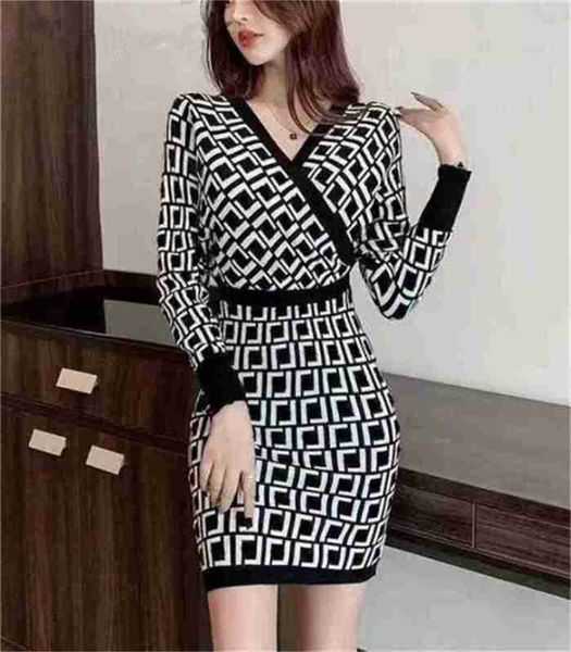 

women casual knitted dresses with letter cross waist v neck long sleeve kint dress lady, Black;gray