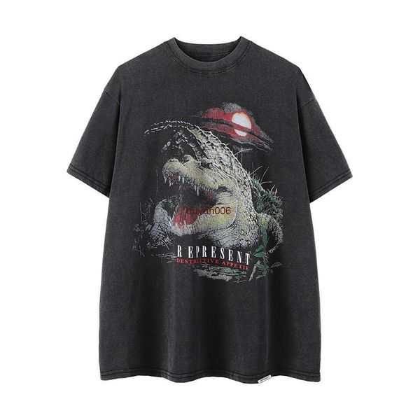 

men's and women's summer fashion t shirt high street brand rep representative giant crocodile print wash short sleeve tag loose re, White;black