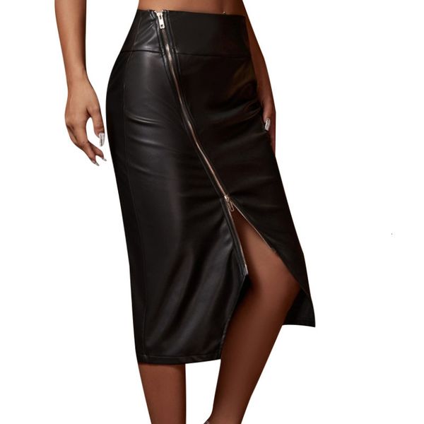 

skirt slit leather adults high waisted solid color zipper midi summer 2023 230413, Black