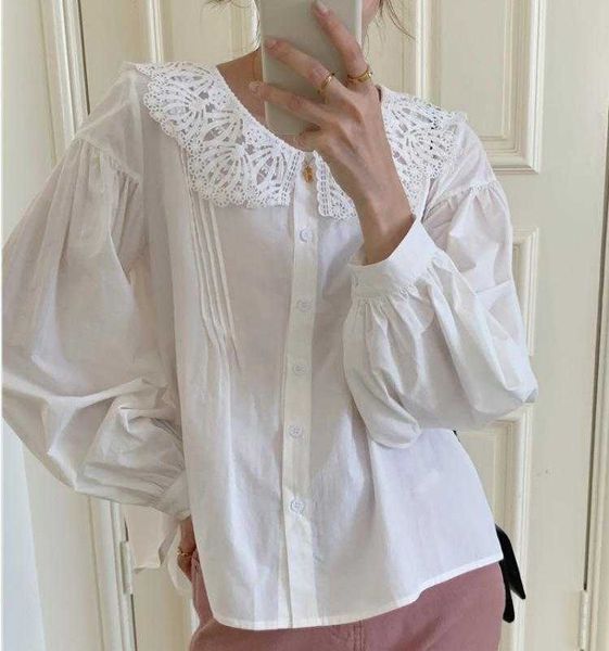 

spring korean womens blouses style sweet lace stitching lapel long sleeve shirt, White