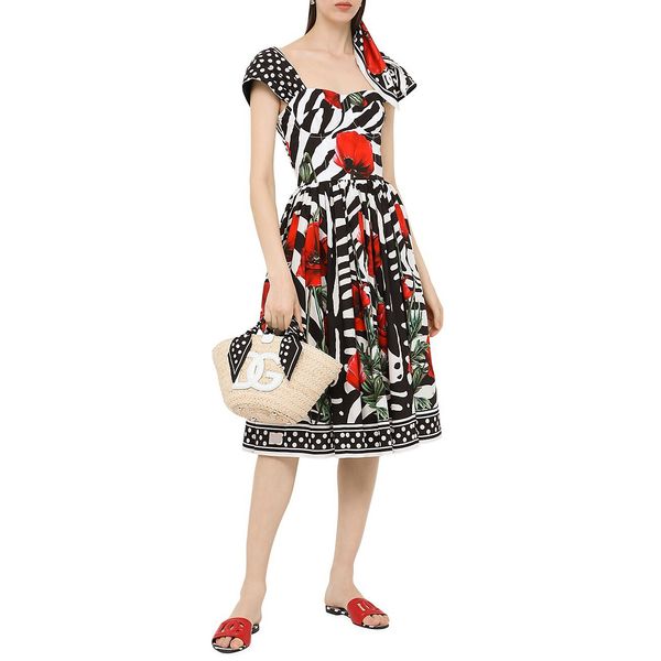 

luxury designer dress zebra poppy flower printed midi dress, White;black