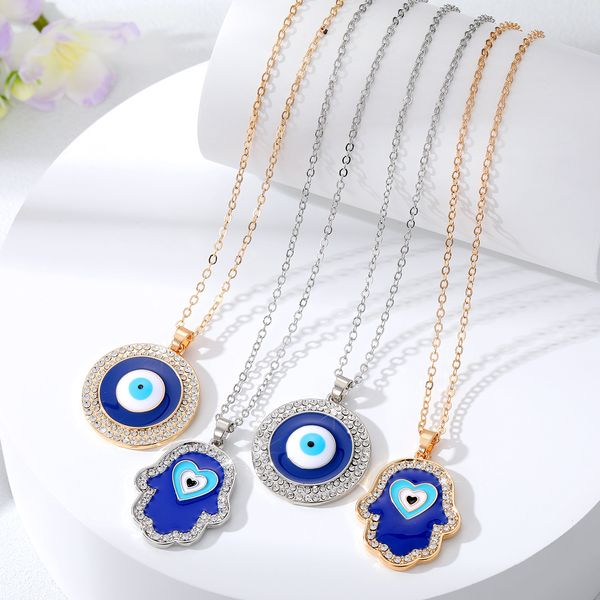

s3565 geometric round fatima palm evil eye pendant necklace for women rhinestone enamel turkish blue eyes choker necklaces, Silver