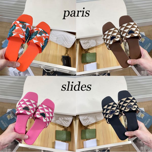 

with box raffia embroidered flat mules designer slippers beach women shoes pine green gold sky blue pink schemes fuchsia flat slides luxury, Black