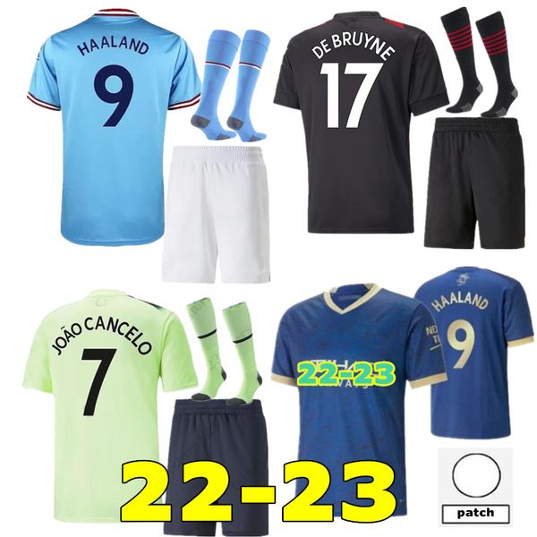 

2022 2023 haaland soccer jerseys grealish de bruyne sterling mahrez foden bernardo laporte mans cities home away football shirt men kids kit, Black;yellow