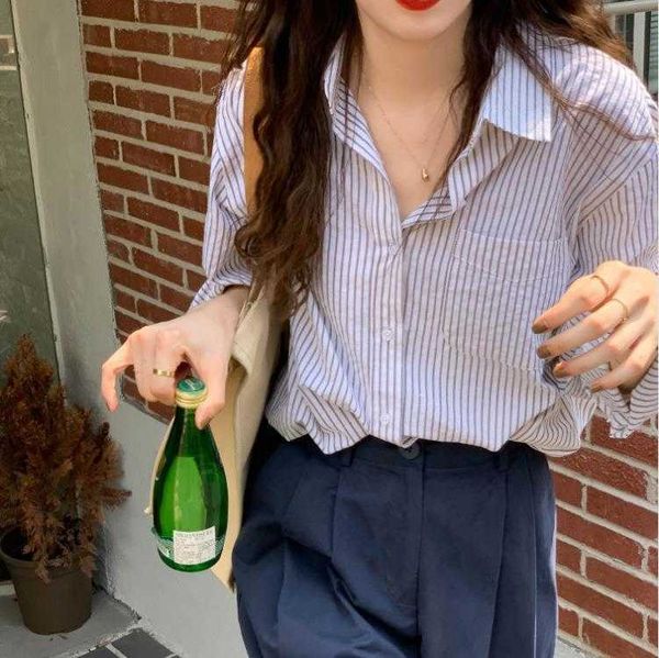 

early spring simple striped long sleeved shirt female korean niche loose, White