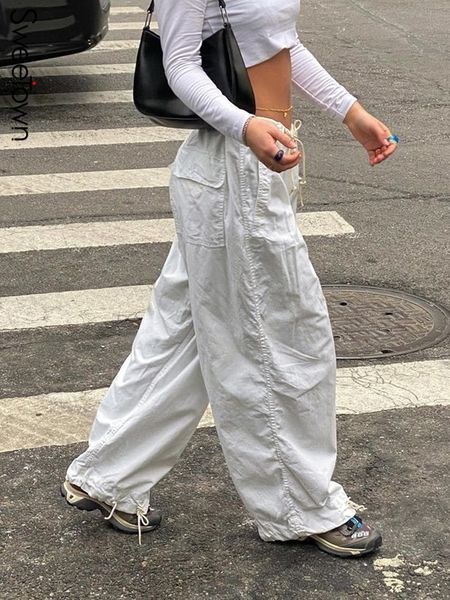 

women's pants capris sweetown casual baggy wide leg sweatpants white loose drawstring low waist streetwear cargo pants womens hippie jo, Black;white