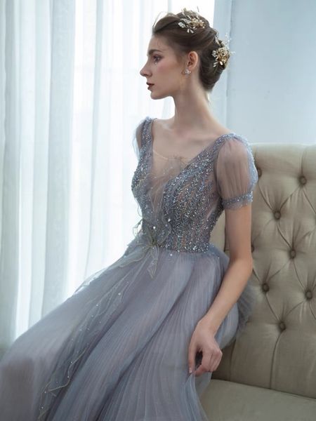 

elegant gray evening dress sequined tulle applique beading short sleeve backless lace up v neck party luxury celebrity dresses, Black;red