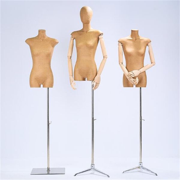 

12style female cloth dress mannequin for full sewing kraft paper flat chest body dress no hand jewelry display adjustable rack e176, Khaki