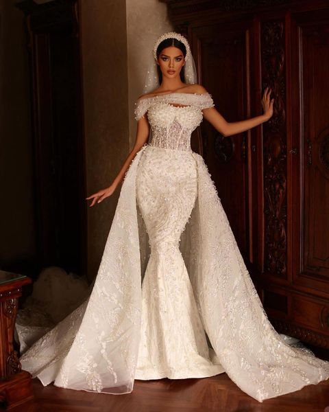 

exquisite pearls mermaid bridal gowns boat neck lace wedding dress custom made beaded with detachable train vestido de novia, White
