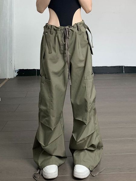 

women's pants capris houzhou green parachute pants cargo women oversized y2k streetwear hip hop wide leg trousers vintage casual baggy, Black;white