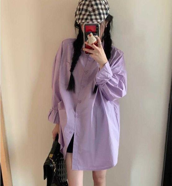 

lazy oversized long sleeved shirt womens outer wear casual mid length single, White