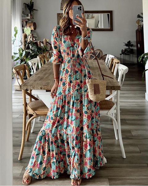 

casual dresses autumn beach women's long dress v-neck long sleeve elegant dresses female holiday fashion loose casual clothes ladies 23, Black;gray