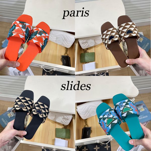 

2023 designer slides women embroidered fabric slippers metallic slide sandals luxury p sandal triangle chunky heels fashion summer beach low, Black