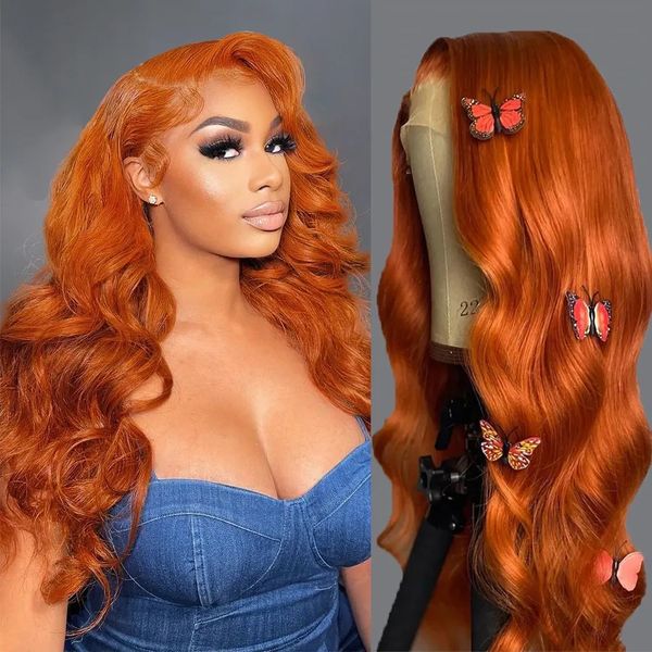 

ginger hd lace front wig 13x4 body wave wig pre plucked for women orange colored brazilian wavy human hair wig, Black;brown