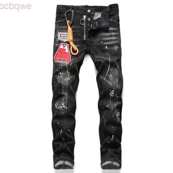 

jeans mens pants linen designer pants hip hop men jeans distressed ripped biker slim fit motorcycle denim for men i850, Black