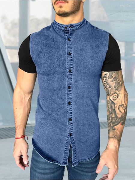 

t men's shirts blue/black short sleeves jeans shirt for men casual loose fit denim patchwork, White;black