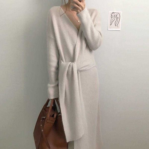 

cross strap v-neck sweater: elegant, versatile & long-knitted for graceful style, White;black