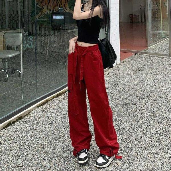 

design wide leg pants for women summer high waist slimming multi pocket loose, Black;white