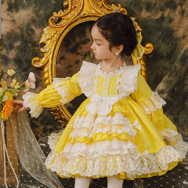 

girl's dresses baby girl spring autumn vintage spanish pompom ball gown princess lolita dress for children girl easter birthday eid clo, Red;yellow