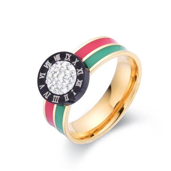 

classic stainless steel inlaid zircon roman numeral pattern round shape crystal rings red green two-color style for women, Golden;silver