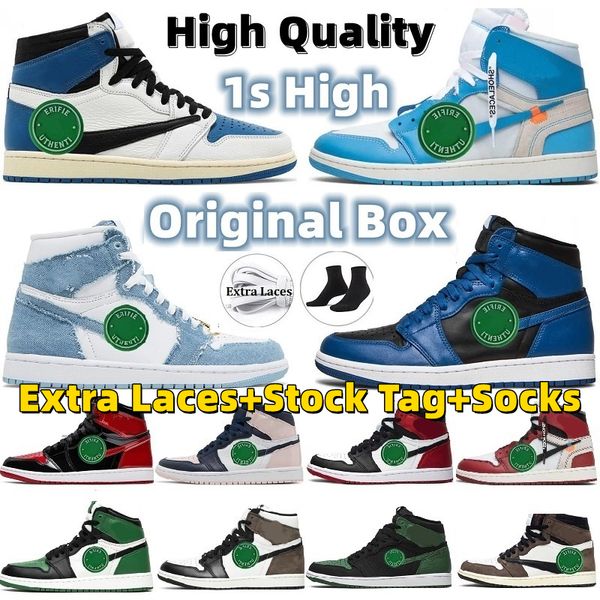 

box with jumpman 1 mens basketball shoes 1s high unc university blue gold mocha cactus jack obsidian banned bred bordeaux fragment toe men w, Black