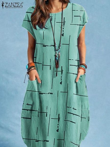 

casual dresses fashion printed dress zanzea woman clothes short sleeve elegant casual vintage dresses summer ladies vacation vestidos 230413, Black;gray