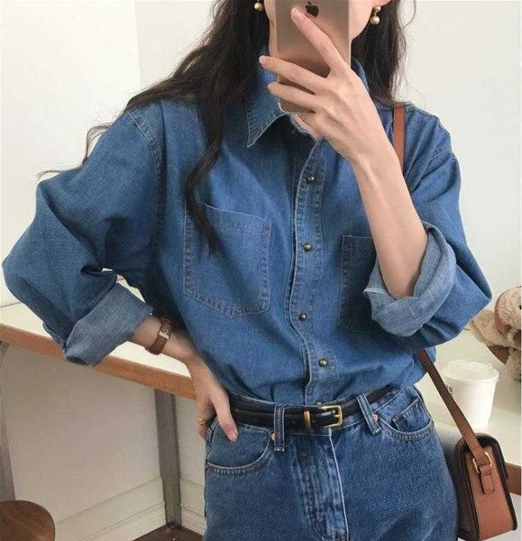 

spring retro french womens blouses niche lapel versatile double pocket metal, White