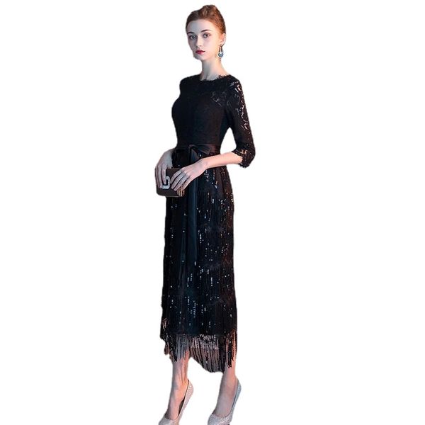 

elegant evening dresses straight long half sleeve lace tea length party dresses black evening gowns, Black;red